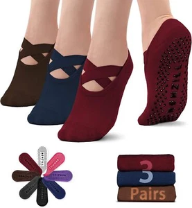 NEWZILL 2024 Non Slip Yoga Socks for Women, One Size, 3 Pairs-red/Blue/Brown - Picture 1 of 7