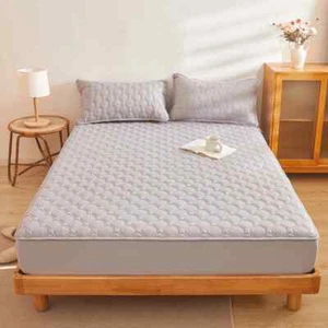 Quilted Fitted Sheet Solid Color Mattress Cover With Elastic Band Bedsheet - Picture 1 of 30