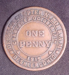 Ficha de centavo masónica Deshler Capítulo Nº 201 Deshler Ohio - Imagen 1 de 2