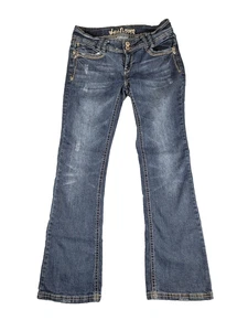 WallFlower Women’s Jeans Size 9 Bootcut Mid Rise Blue Rhinestone Thick Stitch - Picture 1 of 14