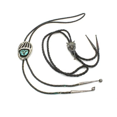 Southwest Sterling Turquesa Garra Lobo Cuero Negro Bolo Corbata Lote de 2 #S4140-2 Foto 1 de 4