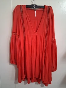 FREE PEOPLE Bright Coral Red Long Sleeve Tunic Top SP Small  NWOT - Picture 1 of 12