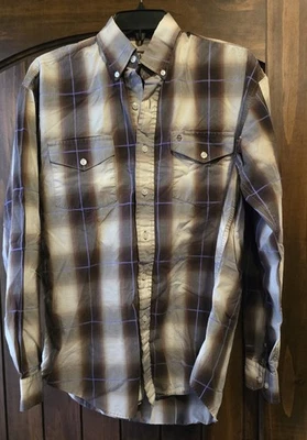 Stetson Mens Western Shirt Medium Button Up Plaid Long Sleeve Brown Purple - Image 1 of 4