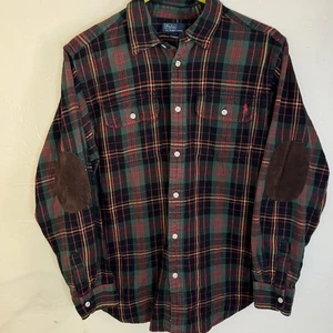 Polo Ralph Lauren Shirt Mens Red Green Tartan Plaid Flannel Elbow Patch  Logo - Picture 1 of 7