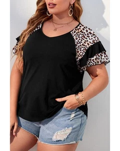 Azura Exchange Black Leopard Ruffle Patchwork Sleeve Plus Size Summer Top Women - Bild 1 von 24