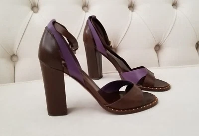 Louis Vuitton 7.5 M Brown Purple Leather Sandals adj Buckle stud detail 37.5 - Image 1 of 4