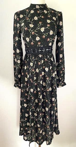 Topshop Black Floral Lattice Midi Dress sz 2 Woodland Forest Fairy Dark Cottage - Picture 1 of 14