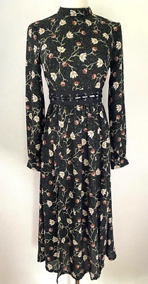 Topshop Black Floral Lattice Midi Dress sz 2 Woodland Forest Fairy Dark Cottage - Image 1 of 4