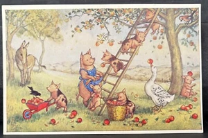 RECOGIENDO MANZANAS POR MOLLY BRETT-MAMÁ CERDO Y SUS LECHONES EN HUERTO con PATO Y BURRO - Imagen 1 de 2