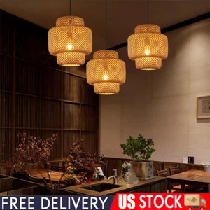 Lantern Bamboo Pendant Light Rattan Hanging Lamp Rustic Wicker Chandelier - Picture 1 of 12