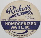 Vintage milk bottle cap RICKERS DAIRY Homogenized Milk blue Milo Maine unused