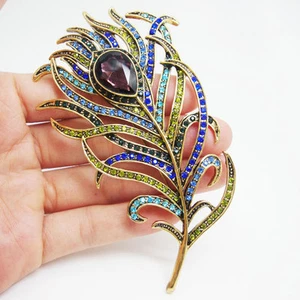 Vintage Style Peacock Feather Gold-tone Multicolor Rhinestone Crystal Brooch Pin - Picture 1 of 4