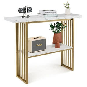 Giantex Console Table 2-Tier Beside Sofa Table w/ Faux Marble Tabletop Hallway - Picture 1 of 9