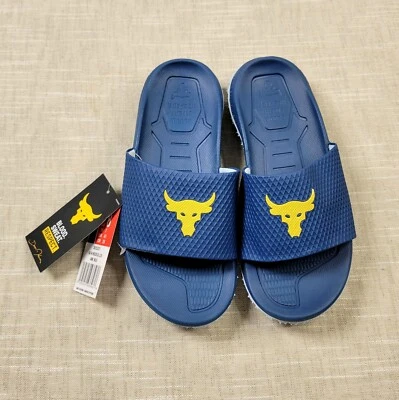 UNDER ARMOUR Project Rock 2.0 Charged Slides Blue Yellow Brahma Mens 8, 11, 12 - Image 1 of 4