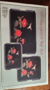 3 piece lacquered tray set Hummingbird and Red Hibiscus flowers in original box - Picture 1 of 3
