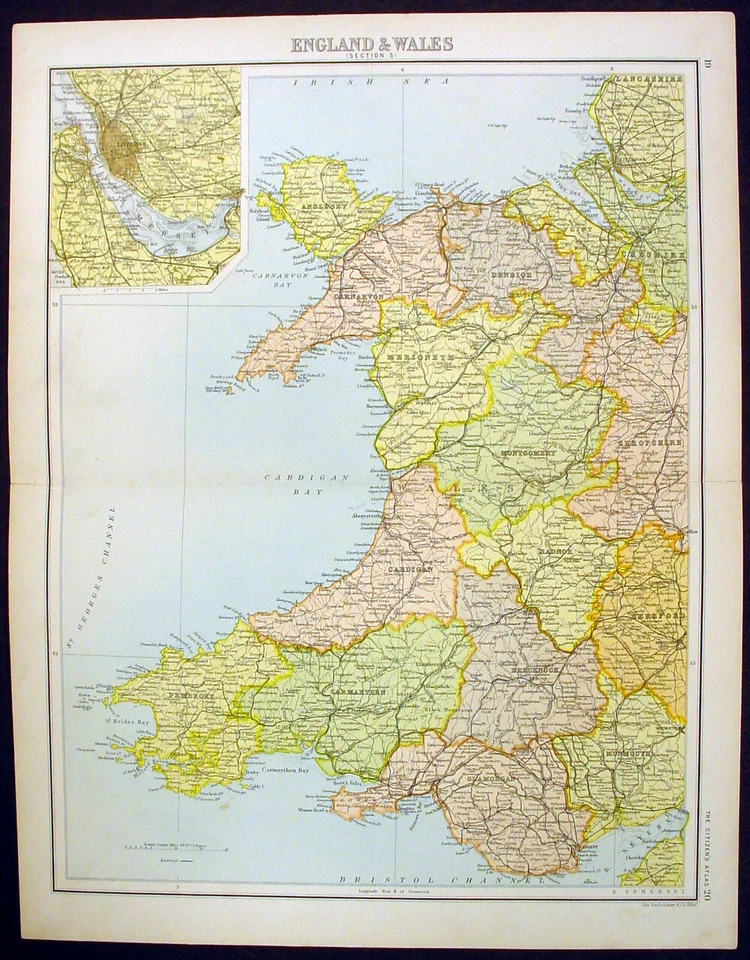 Mapa antiguo grande de Gales de John Bartholomew de 1890 inserción de plano de Liverpool Foto 1 de 1