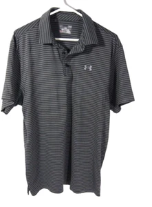 Under Armour Mens Polo Shirt L Loose HeatGear Grey Striped Short Sleeve Jersey - Picture 1 of 4