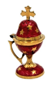 5 1/4" Enamel Decorated Handpainted Greek Orthodox Brass Censer Incense Burning - Foto 1 di 1