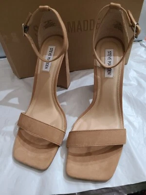 Steve Madden TIAA Camel Nubuck Suede Ankle Strap Open Toe Sandal Heels, 8M - Image 1 of 4