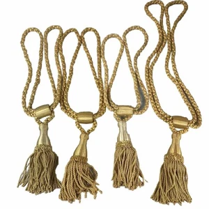 Vintage Gold Tassel Curtain Tiebacks Lot of 4 Braided Rope Drapery MCM Decor - Picture 1 of 9