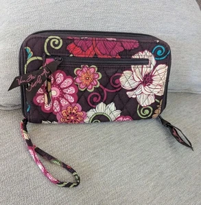 Vera Bradley Mod Floral Pink Wristlet Zip Around Wallet Brown - Picture 1 of 12