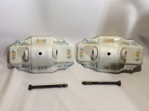 Pair of Art Deco Vintage PORCELAIN 2-Bulb Ceiling Lights Fixtures flowers EUC!! Cover