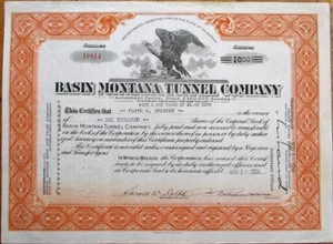 Basin Montana Tunnel Company 1934 Aktienzertifikat orange - Bild 1 von 1