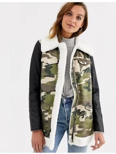 River Island Aviator Jacket Coat Camo Print Faux Fur lined Leather Size 6 XS £85 - Picture 1 of 8
