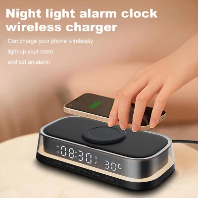 Wireless Charger LED Thermometer Digital Alarm Clock For iPhone 16 Samsung S25 - Image 1 of 4