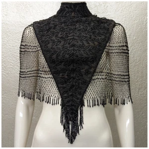 Antique Victorian Black Beaded Silk Collar Cape Shawl Jet Beads - Picture 1 of 5
