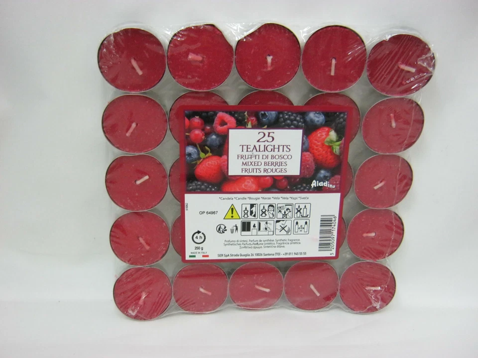  Aladino Tealights Candles Fragranced Tea Lights Pk 25 Mixed Berries 4 Hour Burn - Image 1 of 1