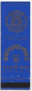 Vet Maynard Price Post 52 American Legion Pullman Wash. FS Empty Matchcover - Picture 1 of 3