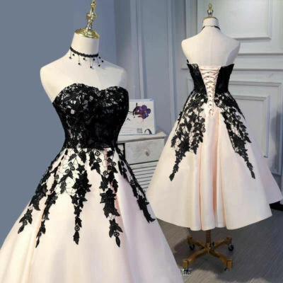 Champagen Wedding Dresses Tea Length Corset Black Lace Sleeveless Bridal Dresses - Image 1 of 4
