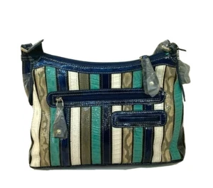 madi claire kristin womens croco embossed leather shoulder bag blue striped - Picture 1 of 11