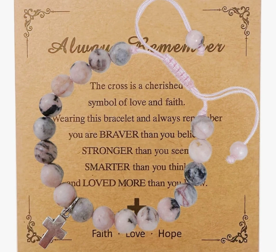 Pulsera Cruz Piedra Natural con Versículo Bíblico Oraciones Tarjeta Regalo Religioso Mujeres Foto 1 de 4
