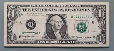 1999 One Dollar Federal Reserve Note $1 FANCY SERIAL NUMBER H07777756A #96360 - Image 1 of 2