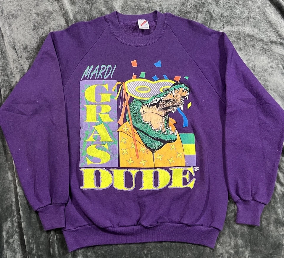 Mardi Gras Sweatshirt Size L Vintage Mardi Gras Alligator 90s Purple Jerzees USA - Image 1 of 4