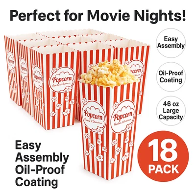 Paquete de 18 cajas de palomitas desechables 46 oz rojo blanco a rayas de cartón porta aperitivos Foto 1 de 4