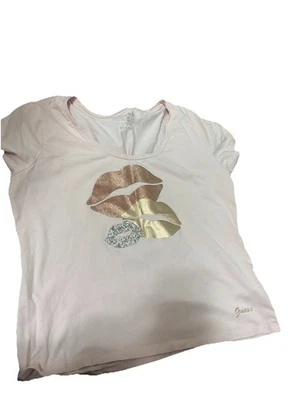 Guess Womens M Pink Gold Glitter Lips Graphic Tee Short Sleeve T-Shirt - Image 1 of 2