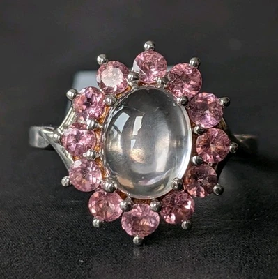 Sterling Silver Rose Quartz Pink Tourmaline Halo Ring Size S - Image 1 of 4