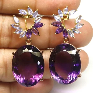 Orecchini In Argento 925 17 X 22 Mm. Amatista Viola E Tanzanite Blu Due Toni - Foto 1 di 4