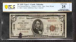 1929 $5 FIRST NATIONAL BANKNOTE FR.1800-1 COZAD NEBRASKA PCGS 25 VF DETAIL (322A - Picture 1 of 2