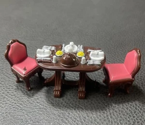 2001 FISHER PRICE Dining Table 2 Chairs Loving Family Dark Brown Dollhouse - Picture 1 of 6