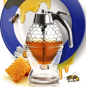No Drip Honey Dispenser with Stand - Clear Glass Honey Jar & Dipper 8 Oz - Picture 1 of 12