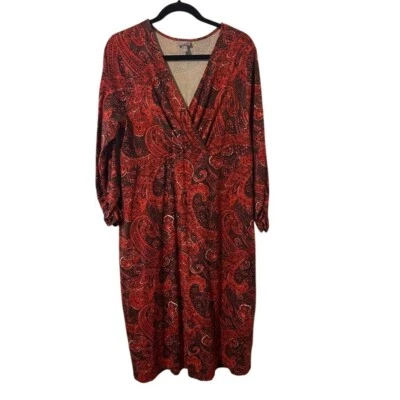 J JILL Stretch Tall SZ L Red Orange Paisley Wrap Front V Neck Long Sleeve Dress - Image 1 of 4