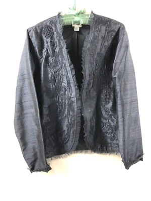 Chico's Navy Blue Silk Embroidered Open Front Blazer Cardigan Jacket 0 Small - Image 1 of 4