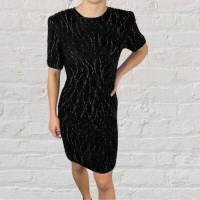 Vtg Stenay Silk Sequin Beaded Party Dress Black Womens Size 14 Formal Black Tie — 第 1/4 张图片