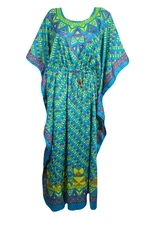 Women's Green Printed Maxi Caftan Kimono Round Neck Loose Bikini Cover up Dress
