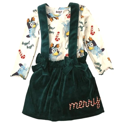 Azul Niñas Pequeñas Talla 3T Verde Terciopelo Navidad Vestido "Feliz" Conjunto de 2 piezas Jersey Foto 1 de 4