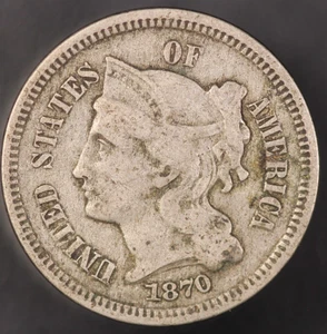1870 3 CENT NICKEL- FRESH FROM AN OLD COLLECTION! LOT CC-143 - Picture 1 of 2